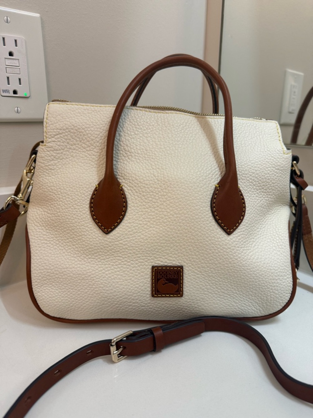 Dooney & Bourke Cream Pebbled Leather Satchel with Brown Trim